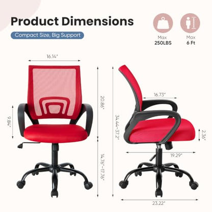 DUMOS Ergonomic Home Office Chair, Executive Mesh Desk Chair | Height Adjustable, Lumbar Support, Breathable Mid Backrest, Fixed Armrest, Rolling Wheels, Computer Gaming, Meeting, Red - color: Red