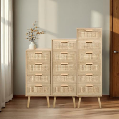 Finnhomy Rattan Dresser for Bedroom, Tall Dresser with 6 Hand Made Rattan Decorated Drawers, Small Chest of Drawers for Living Room, Closet, Hallway, Natural - size: 15.5"D x 15.7"W x 49"H (6 Drawers)