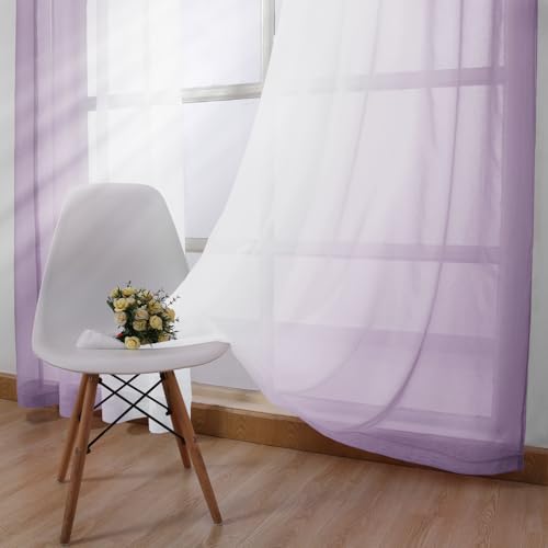 DWCN Faux Linen Ombre Sheer Curtains - 96 inches Long Gradient Semi Voile Curtains for Bedroom and Living Room, Set of 2 Grommet Top Window Curtain Panels, 52 x 96 Inches Long, Lavender - color: Lavender, size: 52"W x 96"L (Pack of 2)
