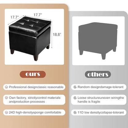 Storage Ottoman, 17" Fuax Leather Square Tufted Footrest Stool with Hinged Lid & Wooden Legs, Extra Seat or Coffee Table for Living Room, Bedroom, Entryway, Black - color: Black Leather