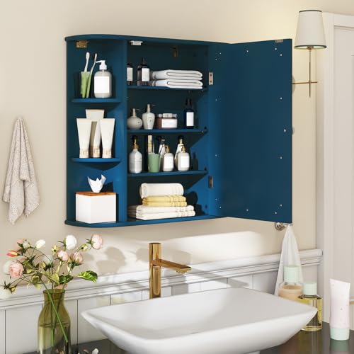 COSTWAY Medicine Cabinet with Mirror, Wall Mounted Bathroom Storage Cabinet | with Mirror Door and Adjustable Shelves, Space-Saving Storage Organizer for Living Room Kitchen Entryway (Blue) - color: Blue