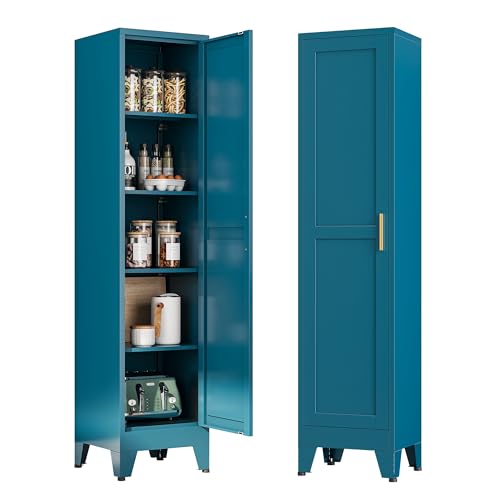 Tall Narrow Kitchen Pantry Cabinet for Small Space, 67" Metal Slim Pantry with Single Door and 4 Adjustable Shelves, Freestanding Skinny Storage Metal Broom Closet for Bathroom, Living Room, Laundry - color: Blue, size: 67"H-1 door