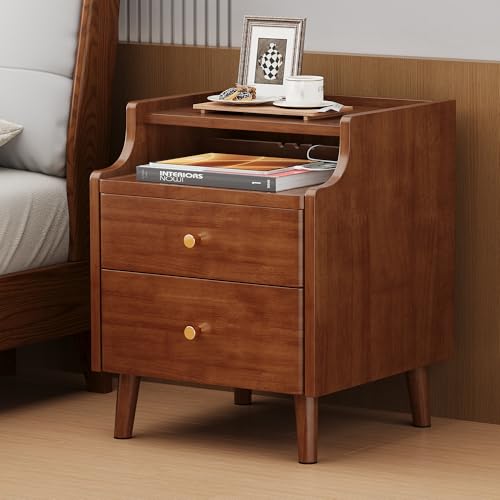 Nightstand with Drawers, 15.7" Solid Wood Side Table for Bedroom, Modern Bedside Table with Pull-Out Tray & Cable Management, Walnut - color: Walnut, size: 16"