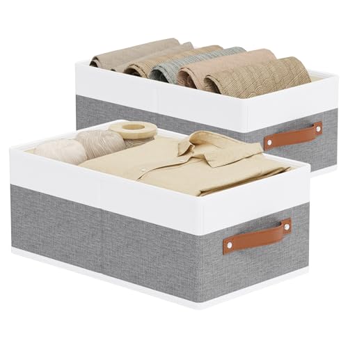 Fabric Storage Boxes,16.1×9.8×6.5In,White/Grey Bins,2Pack | Storage Baskets with Handles,Collapsible Clothing Bins,Fabric Drawers,Closet Organizer for Shelves Wardrobe Bedroom - color: White/Grey, size: Large -2 Pack