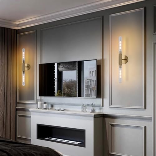 Gold Knurled Texture Wall Sconces 24" Modern Cylinder Bathroom Vanity Lights Fixtures with Clear Striped Glass Shade 2-Lights Indoor Wall Lighting for Living Room Bedroom Kitchen - color: Gold Knurled Texture/Clear