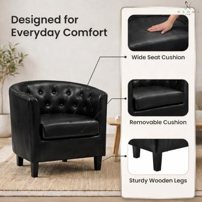 Naomi Home Emma Faux Leather Tufted Barrel Accent Chair - Black | Solid wood frame, sturdy legs and easy-clean faux leather create lasting comfort for living room, bedroom or office. - color: Black, style: Barrel