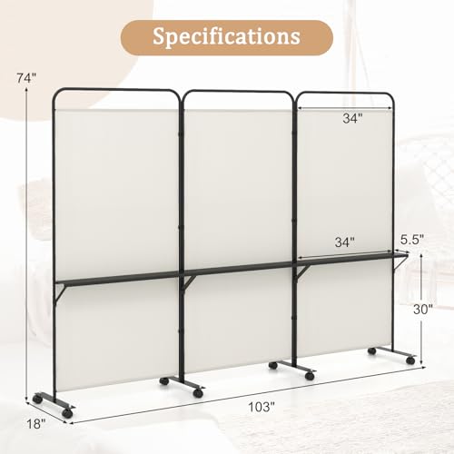 GOFLAME 3 Panel Room Divider with Storage Shelves, 6FT Folding Privacy Screen with Lockable Wheels, Portable Rolling Wall Divider, Freestanding Partition Screen for Room Separation, Beige - color: Beige