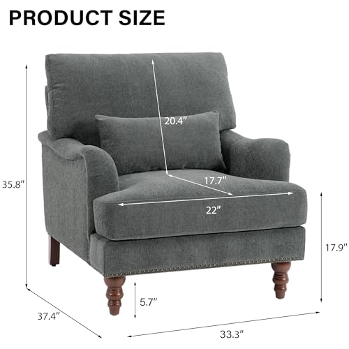 Mid-Century Modern Accent Chair with Lumbar Pillow, Grey, 1 Pack | Upholstered Chenille Armchair, Solid Wood Frame & Legs, Comfy Reading Lounge Sofa for Living Room Bedroom, & Small Spaces - color: Chenille Grey, size: 1 Seat