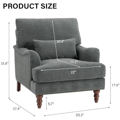 Mid-Century Modern Accent Chair with Lumbar Pillow, Grey, 1 Pack | Upholstered Chenille Armchair, Solid Wood Frame & Legs, Comfy Reading Lounge Sofa for Living Room Bedroom, & Small Spaces - color: Chenille Grey, size: 1 Seat