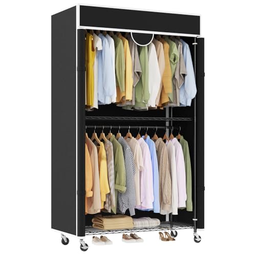 Heavy Duty Clothes Rack with Cover, 485LBS Capacity, Portable Closet Wardrobe on Wheels, Carbon Steel, Dustproof, Tool-Free Assembly, Clothes Racks for Hanging Clothes, for Bedroom, Laundry, Storage