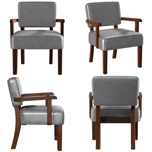 Accent Chairs Set of 2, 2 Solid Wood Armchairs with Side Table | Faux Leather Chair with Soft Thicken Cushion, Comfy Reading Chair for Bedroom, Waiting Room, Home Office, Easy Assembly - color: Faux Leather Gray, size: Set of 2 with table