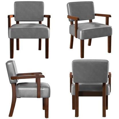 Accent Chairs Set of 2, 2 Solid Wood Armchairs with Side Table | Faux Leather Chair with Soft Thicken Cushion, Comfy Reading Chair for Bedroom, Waiting Room, Home Office, Easy Assembly - color: Faux Leather Gray, size: Set of 2 with table