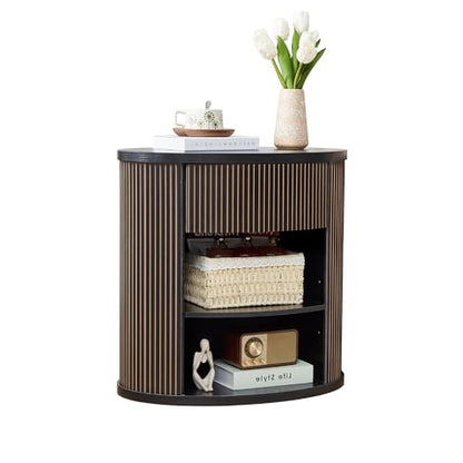 Fluted End Table with Drawer, Black Side Table with Storage, Mid Century Modern Nightstand for Bedroom Bedside, Living Room Couch Sofa, Office, Desk Side Table for Small Spaces - color: Oval-black