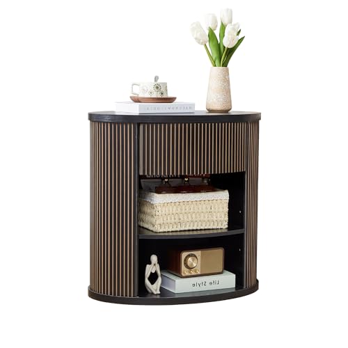 Fluted End Table with Drawer, Black Side Table with Storage, Mid Century Modern Nightstand for Bedroom Bedside, Living Room Couch Sofa, Office, Desk Side Table for Small Spaces - color: Oval-black