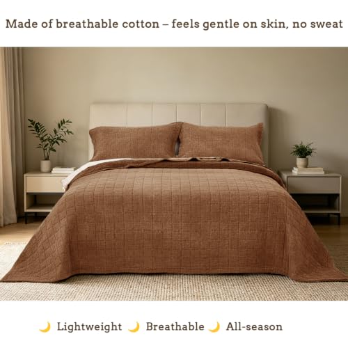 Pre-Washed Cotton King Size Quilt Set 98x106 Waffle Textured | Lightweight Breathable Bedspread Coverlet,All Season Bedding Set,Fits King & Cal King，with 2 Pillow Shams Caramel - color: Caramel, size: King-98x106