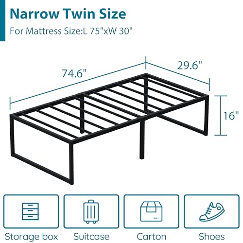 EMODA 16 Inch Narrow Twin Bed Frame 30x75, Heavy Duty Metal Platform | No Box Spring Needed, Easy Assembly, Noise Free, Black - color: Black, size: Narrow Twin, style: 16 inch
