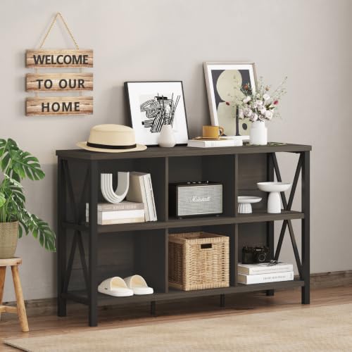 6 Cube Storage Organizer Book Shelf, 47 Inch Horizontal Bookshelf, Wood and Metal Cube Bookcase for Living Room, Home Office (Walnut Brown) - color: Walnut Brown, size: Without Drawer