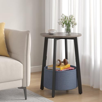 sthmec Small Round Side End Table with Cloth Storage Basket, Round Bedside Sofa Couch Coffee Tables for Small Places with Metal Frame, Modern Nighstands for Living Room Bedroom, Grey - color: Grey