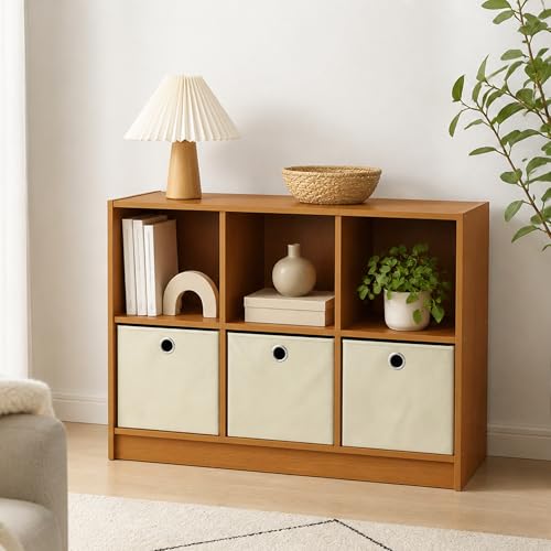 6-Cube Bookshelf with Storage Bins, Cube Bookcase, Book Shelf with Storage Bins, 11.9 x 31.6 x 23.6, for Living Room, Home Office, Light Cherry - color: Light Cherry/Ivory, size: 6 Cube