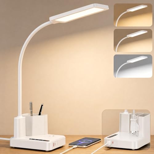 LED Desk Lamp for Dorm USB A/C Charger Pen Holder 3 Light Modes White | 3 Color Modes, 3 Brightness, 360° Gooseneck, Touch Control, USB-A/C Ports & Pen Holder for Dorm, Kids Room, Bedroom, Office - color: White