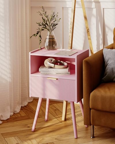 Nightstand with Oultlet,Modern Bedside Table with Storage Drawer and Open Wood Shelf, for Living Room, Bedroom and Small Spaces, Accent Night Stand with Solid Wood Legs, Easy Assembly,Pink - color: Pink-outlet