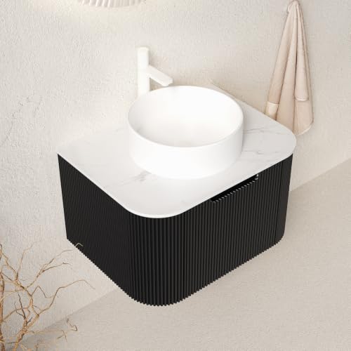 24" Floating Bathroom Vanity with Sink, Wall Mounted Plywood Cabinet, Black Fluted Front, Sintered Stone Countertop, White Round Ceramic Vessel Sink, Soft-Close Drawer, Pre-Assembled - color: Black Cabinet / White Sink, size: 24 Inch