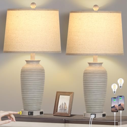 CINSARY 25" Farmhouse Jar Table Lamps Set of 2, 3 Way Touch Control Rustic Bedside Lamps with USB A+C Ports & AC Outlet, Pot Nightstand Lamps for Bedroom Living Room (LED Bulbs Included) - color: Light Gray