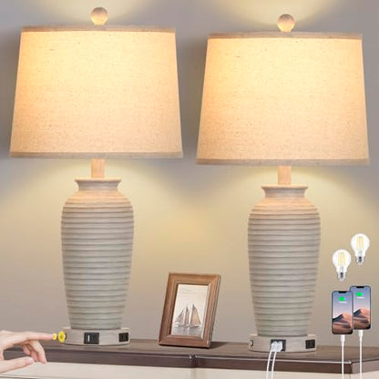 CINSARY 25" Farmhouse Jar Table Lamps Set of 2, 3 Way Touch Control Rustic Bedside Lamps with USB A+C Ports & AC Outlet, Pot Nightstand Lamps for Bedroom Living Room (LED Bulbs Included) - color: Light Gray
