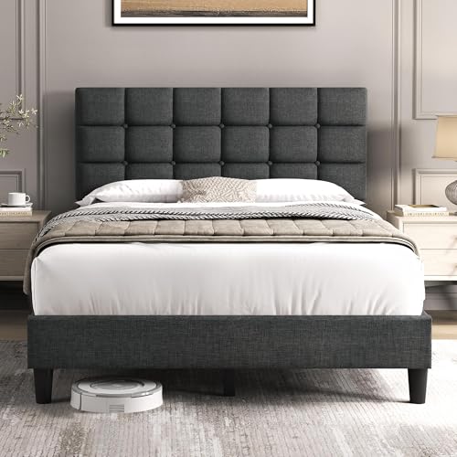 Yaheetech Full Size Upholstered Tufted Bed Frame with Headboard, Dark Gray | Sturdy engineered wood frame with linen fabric upholstery features a soft tufted headboard for easy assembly and support - color: Dark Gray, size: Full