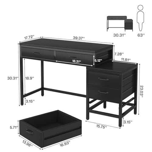 Tribesigns Computer Desk with 5 Drawers, Reversible Home Office Desks | Small Desk with Drawer Cabinet Printer Stand, PC Desk with Storage, Black Study Writing Table Workstation for Small Spaces - color: Black