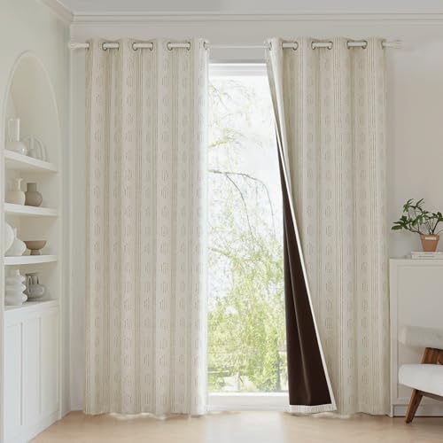 100% Blackout Taupe Boho Curtains, 84 Inches, 2 Panels for Bedroom | Geometric Striped Patterned, Farmhouse Drapes, Taupe on Beige, Thermal Insulated, Room Darkening, for Living Room, Grommet - color: Taupe, size: 52"W x 84"L (Pack of 2)