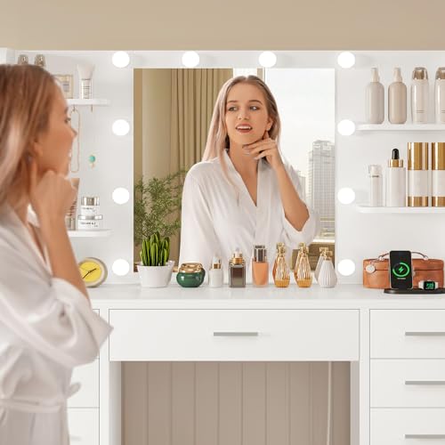 Quimoo Large Vanity Desk with Mirror and Lights, Makeup Vanity with 11 Drawers & 6 Open Shelves, 3 Color Modes & Adjustable Brightness, White Vanity for Girls - color: White 11 Drawers Vanity