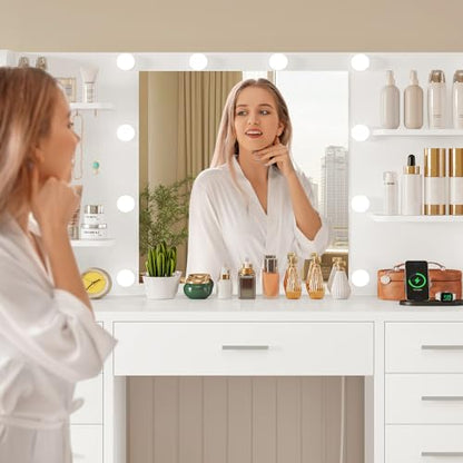 Quimoo Large Vanity Desk with Mirror and Lights, Makeup Vanity with 11 Drawers & 6 Open Shelves, 3 Color Modes & Adjustable Brightness, White Vanity for Girls - color: White 11 Drawers Vanity