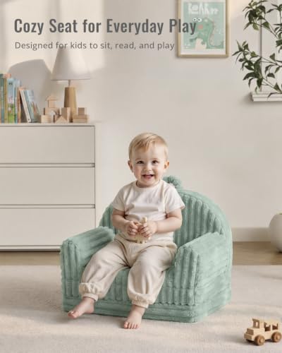 Blissful Diary Kids Couch, 2-in-1 Soft Kids Sofa, Kids Sofa Chair, Comfy Kids Furniture for Playroom, Reading & Play, Fuzzy Sage Green - color: Fuzzy Sage Green