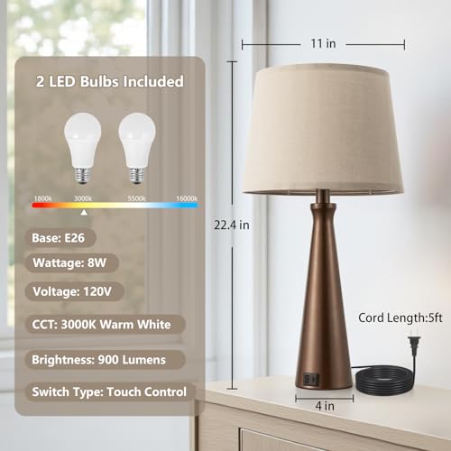 Modern Touch Lamps for Nightstand, 3 Way Dimmable Bedroom Lamp Set of 2 | USB C+A Charging Ports, Brown Bedside Lamps for Bedroom, Living Room, End Table, Bed Side, LED Bulb Included - color: F. Brown Base-Oat Shade