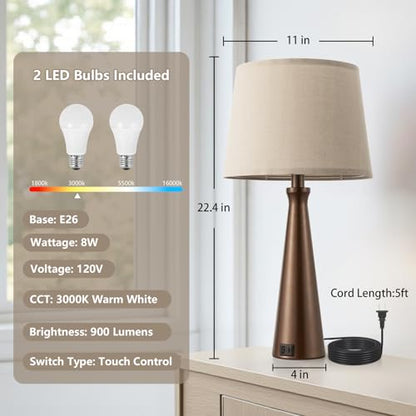 Modern Touch Lamps for Nightstand, 3 Way Dimmable Bedroom Lamp Set of 2 | USB C+A Charging Ports, Brown Bedside Lamps for Bedroom, Living Room, End Table, Bed Side, LED Bulb Included - color: F. Brown Base-Oat Shade