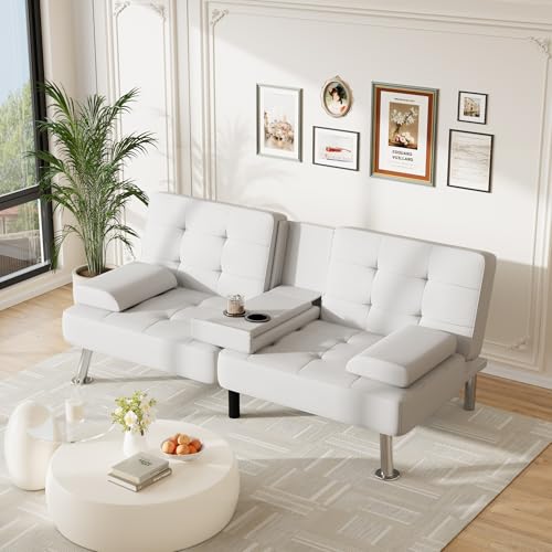 Furmax Leather Futon Sofa Bed, Adjustable Futon Couch for Living Room | Sleeper Sofa Bed with 2 Cup Holders, Reclining Futon Loveseat for Apartment, Business Office & Small Spaces | White - color: White