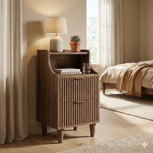 11.8" Narrow Fluted Nightstand Set of 2,Slim Side End Table with 2 Drawers,Mid-Century Modern Bedside Table,Skinny Night Stand for Bedroom, Small Space - color: Walnut
