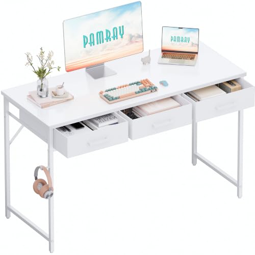 Pamray 47 Inch Small Computer Desk with 3 Drawers for Bedroom Study Writing Home Office Table for Small Spaces White - color: White, size: 47 Inch