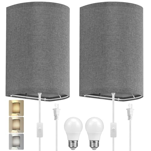 Wall Sconces Set of Two, Fabric Shades Plug in Wall Sconces | 3 Color Temperature Switching Wall Light Fixtures, Wall Lamp with Plug in Cord, On/Off Switch Wall Lights for Bedroom (Grey) - color: Gray