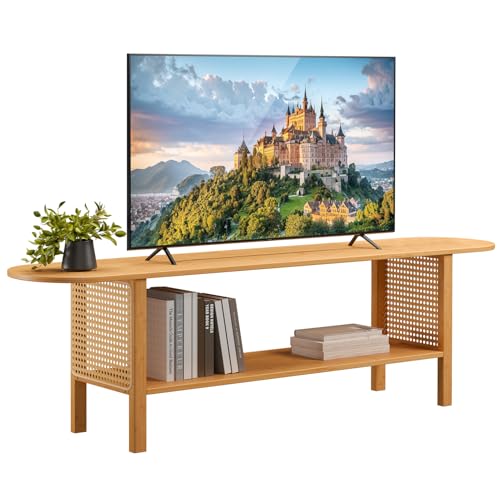 HollyHOME Bamboo TV Stand with Storage for TVs up to 65", Modern Entertainment Center with Rattan Side, Accent TV Table with 2 Shelf, Media Console TV Stand for Living Room, Bedroom, Burlywood - color: Rattan Side