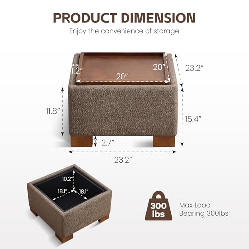 WUTUTUEE 24" Square Ottoman Coffee Table with Storage, Boucle Ottomans with Tray and Solid Wood Legs for Living Room, Bedroom and Apartments, Small Modern Ottoman Tea Table with Lift-Off Lid, Brown - color: 24'' Brown Boucle
