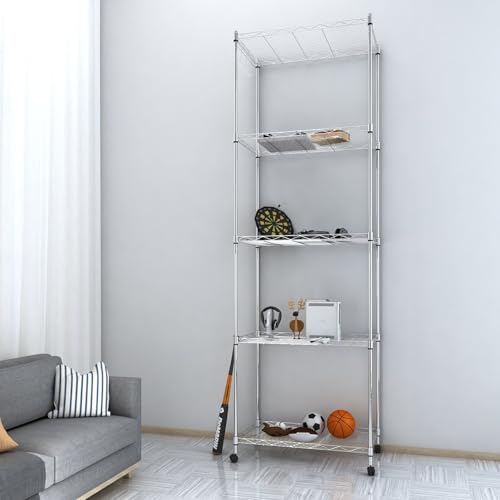 Homdox 5 Tier Steel Wire Shelving Unit on Wheels,Chrome Shelves for Garage Kitchen Living Room,Heavy Duty Shelving Rack, 23.2 x 13.8 x 72 inch (L x W x H) - color: Silver, size: 23.23*13.78*72.05 inch
