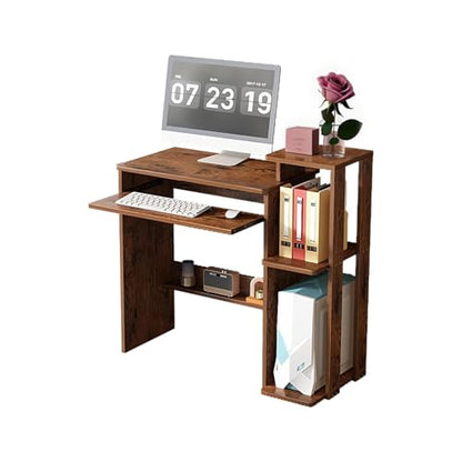 35" Compact Computer Desk with 3-Tier Storage Shelves & Keyboard Tray – Small Study Table for Bedroom or Home Office (Brown) - color: Brown
