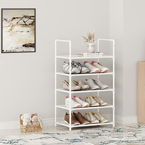 5 Tier Stackable Small Shoe Rack,Narrow Sturdy Shoe Shelf Organizer, Non-Woven Fabric Metal Free Standing Shoe Racks for Entryway, Hallway and Closet (White) - size: 5-White
