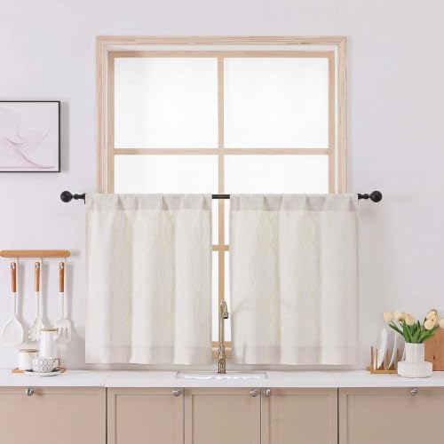 Chyhomenyc Short Curtains Tiers 24 Inch Length, 2 Packs | Light Filtering Faux Linen Half Window Cafe Curtains for Bathroom Laundry, Each 26Wx24L, Natural with Beige 3D Wave Line - color: Natural With Beige, size: 26"W x 24"L (Pack of 2)