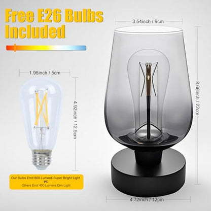 INVGOOD 3 Way Dimmable Touch Bedside Table Lamp, Black Glass Small Desk Lamp with Three Charging Ports for Bedroom Living Room Nightstand, 800LM LED Warm White Bulb Included - color: Black