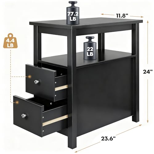 ZENY Narrow End Table Side Table with Drawer and Open Shelf Sofa Table for Living Room Bedroom, Bedside, Couch - color: Black