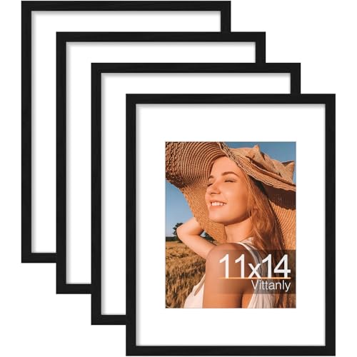 Vittanly 11x14 Picture Frames Set of 4, for Wall or Tabletop, Black | Display Pictures 8x10 with Mat or 11x14 without Mat, Engineered Wood with Shatter Resistant Plexiglass, Wall Gallery Frames - color: Black, size: 11x14