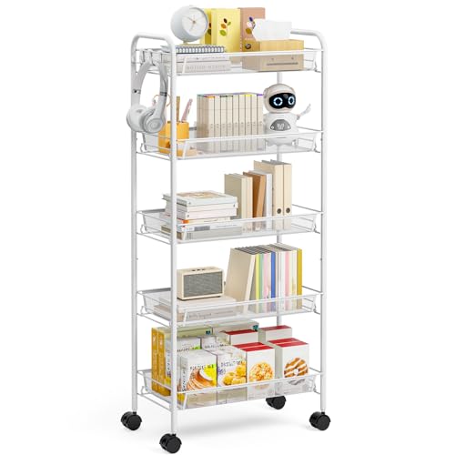 TOOLF 5 Tier Rolling Cart, Metal Utility Storage Cart with Wheels, White | 3 Hooks, Screwless Assembly, Trolley Organizer for Bathroom, Kitchen, Office, Nursery, Dorm, Laundry Room - color: White, size: 5-Tier